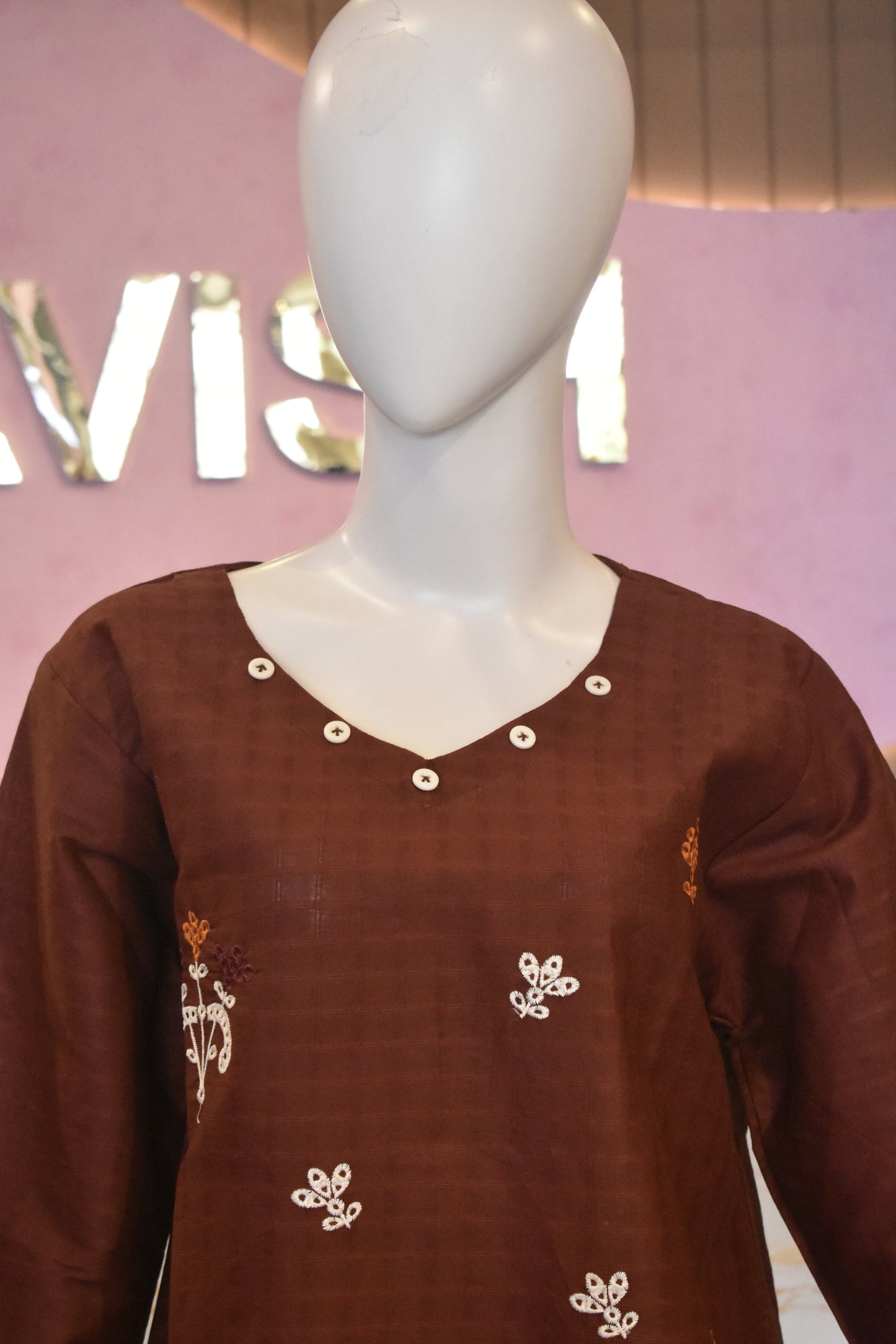 Rich Chocolate Brown Embroidered 2-Piece Cotton Lawn Suit with Scalloped Cutwork Border
