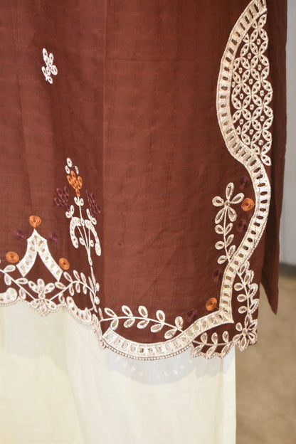 Rich Chocolate Brown Embroidered 2-Piece Cotton Lawn Suit with Scalloped Cutwork Border