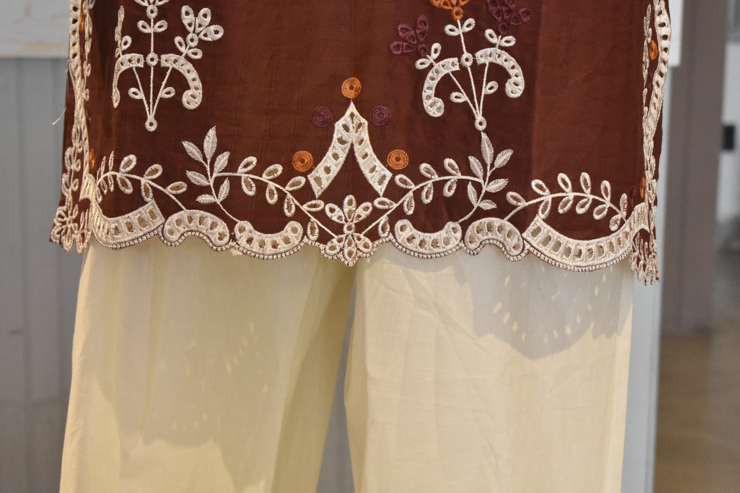 Rich Chocolate Brown Embroidered 2-Piece Cotton Lawn Suit with Scalloped Cutwork Border