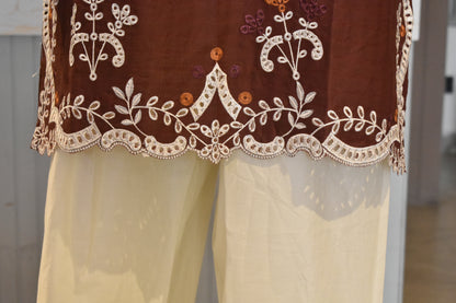 Rich Chocolate Brown Embroidered 2-Piece Cotton Lawn Suit with Scalloped Cutwork Border