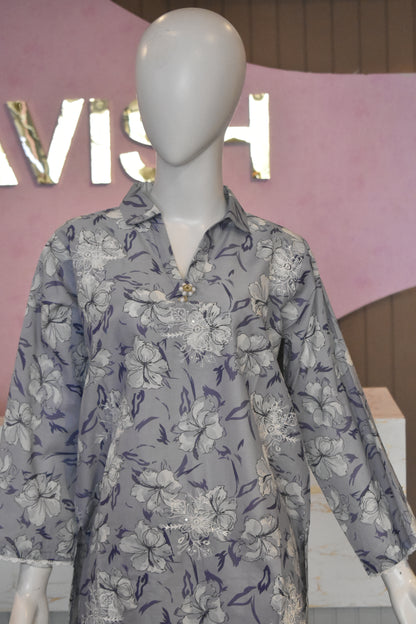 Elegant Lavender Grey All-Over Floral Print 2-Piece Cotton Lawn Co-Ord Set