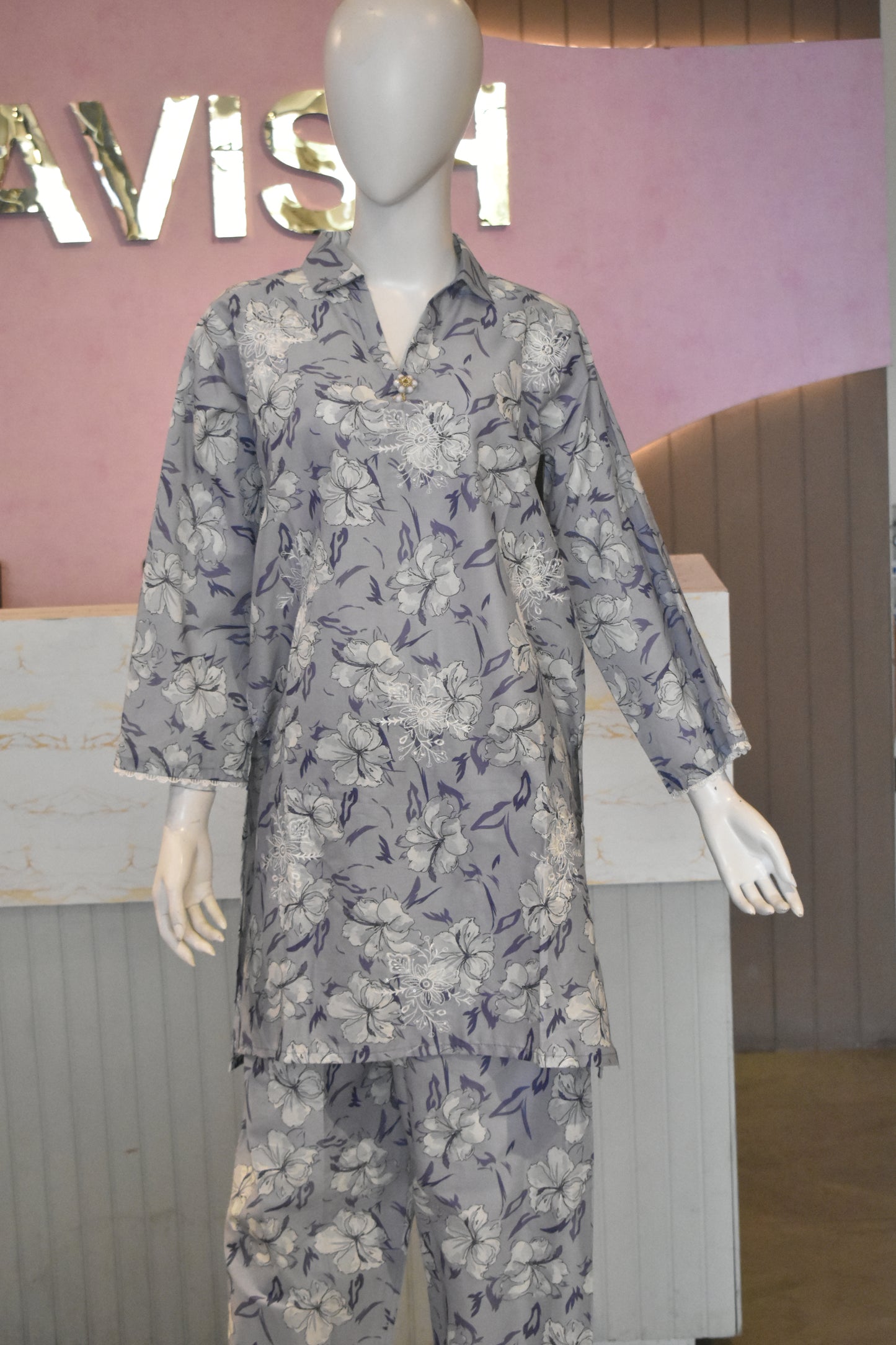Elegant Lavender Grey All-Over Floral Print 2-Piece Cotton Lawn Co-Ord Set