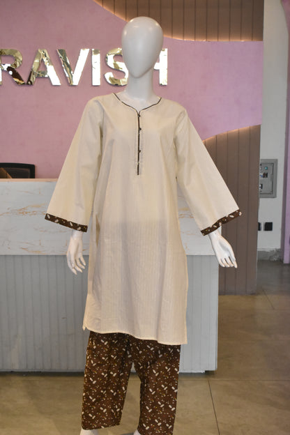 Minimalist Ivory & Chocolate Brown 2-Piece Cotton Lawn Co-Ord Set