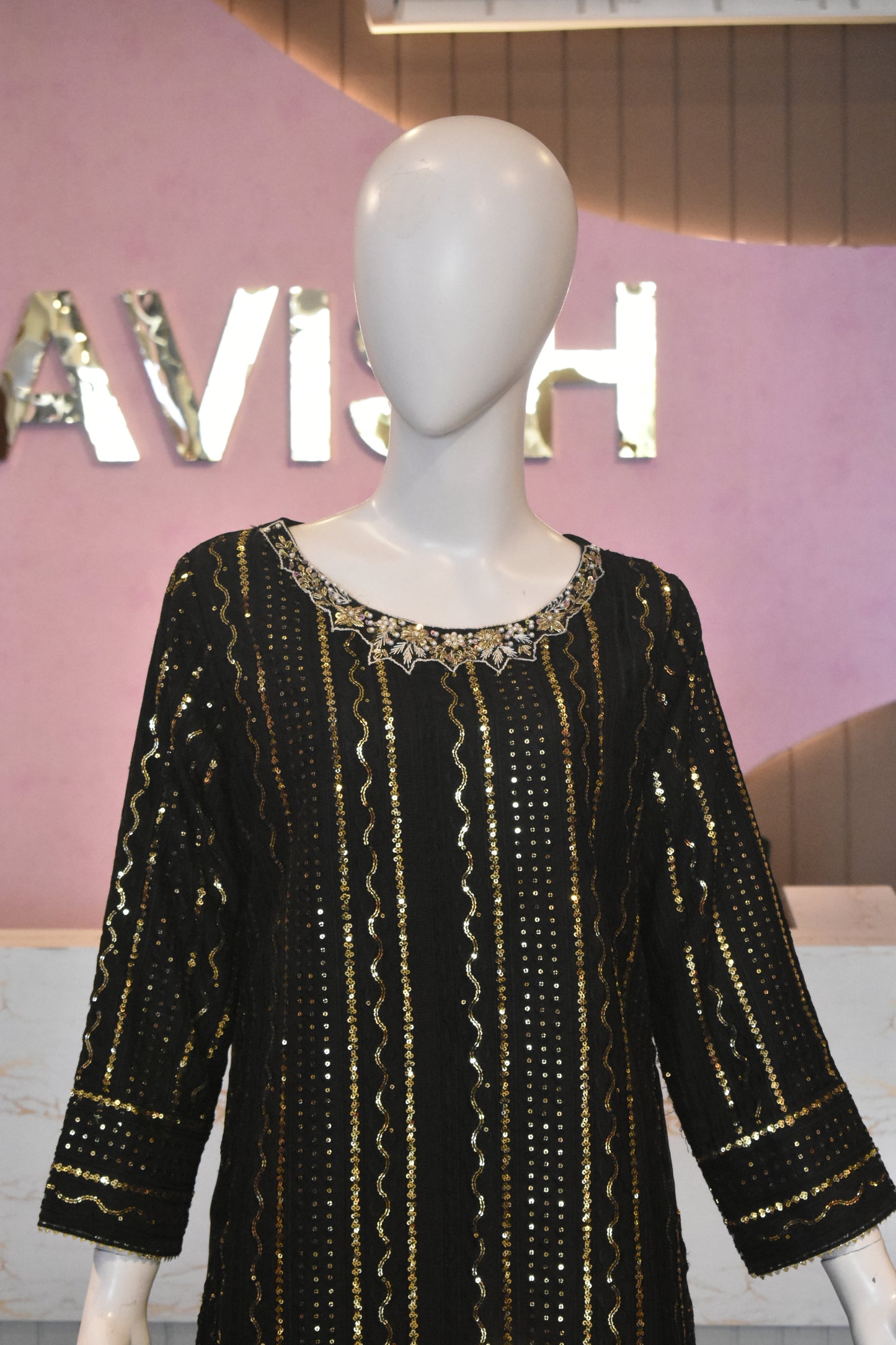 Midnight Onyx Sequin-Embellished 3-Piece Chiffon Sharara Set