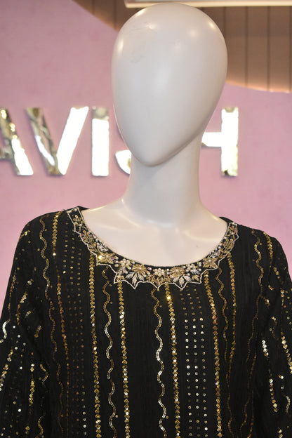 Midnight Onyx Sequin-Embellished 3-Piece Chiffon Sharara Set