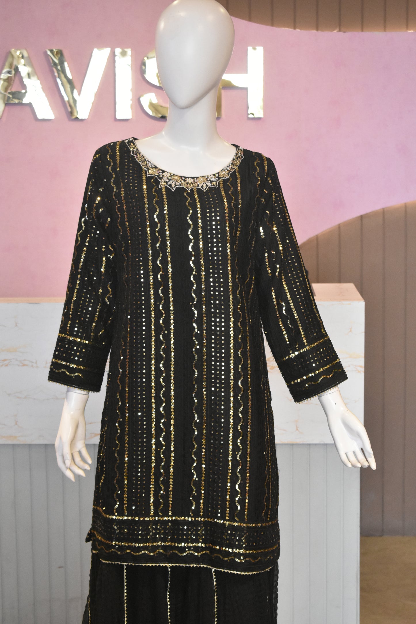 Midnight Onyx Sequin-Embellished 3-Piece Chiffon Sharara Set