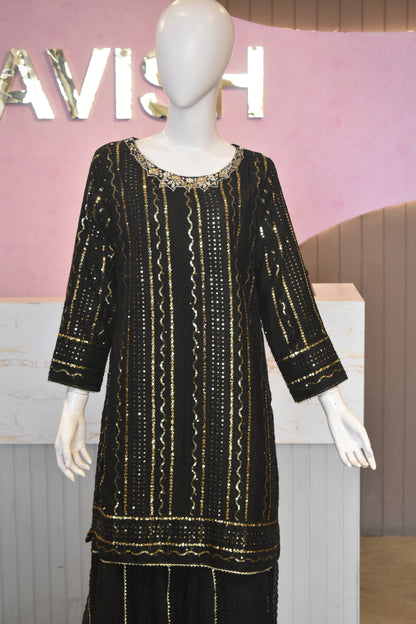 Midnight Onyx Sequin-Embellished 3-Piece Chiffon Sharara Set