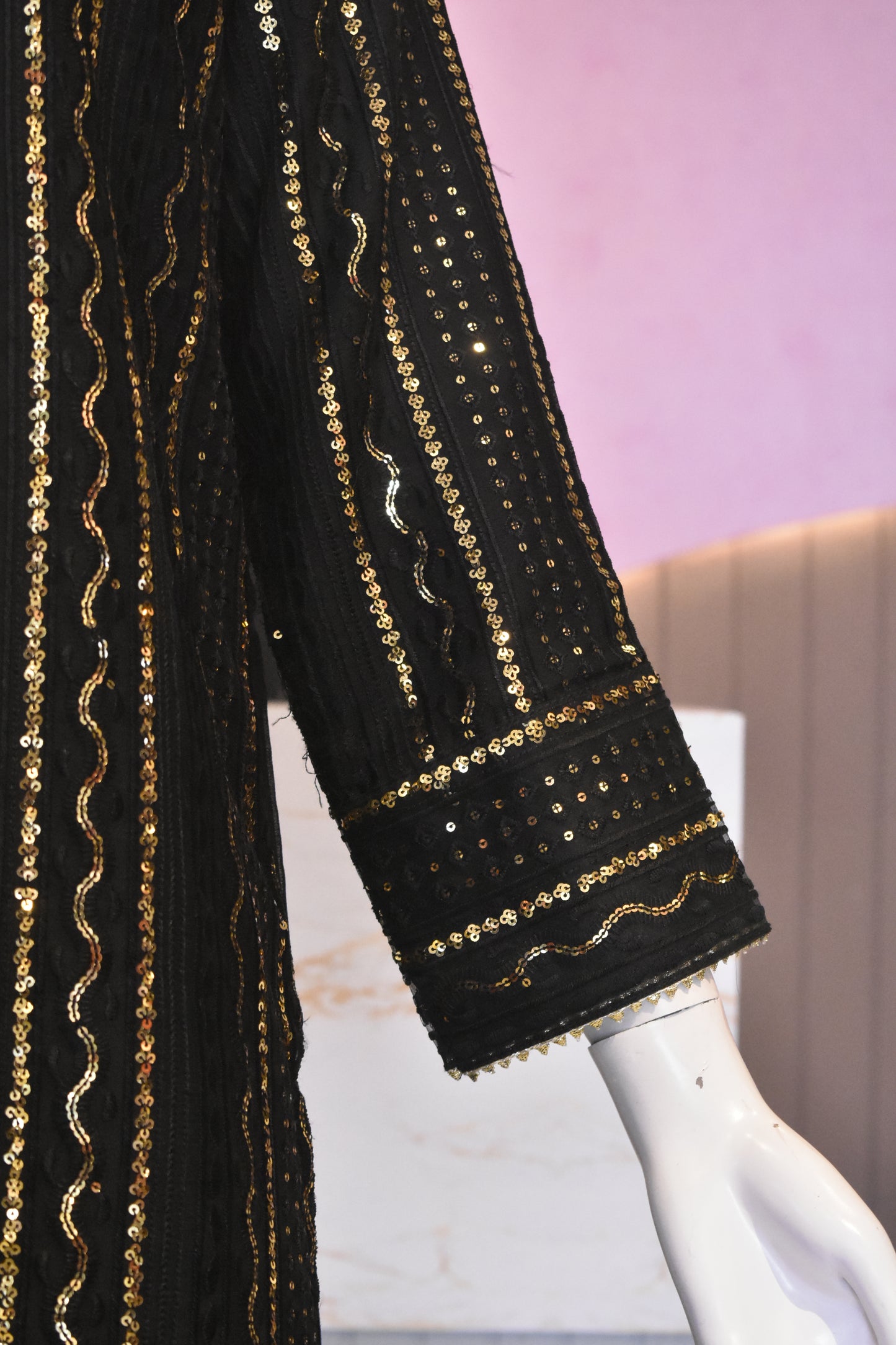 Midnight Onyx Sequin-Embellished 3-Piece Chiffon Sharara Set