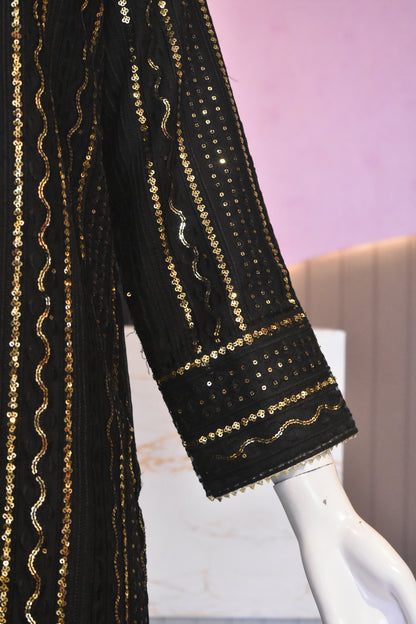 Midnight Onyx Sequin-Embellished 3-Piece Chiffon Sharara Set