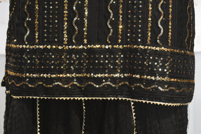 Midnight Onyx Sequin-Embellished 3-Piece Chiffon Sharara Set