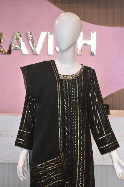 Midnight Onyx Sequin-Embellished 3-Piece Chiffon Sharara Set