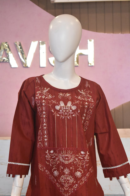 Elegant Rust Crimson Embroidered 2-Piece Cotton Lawn Suit