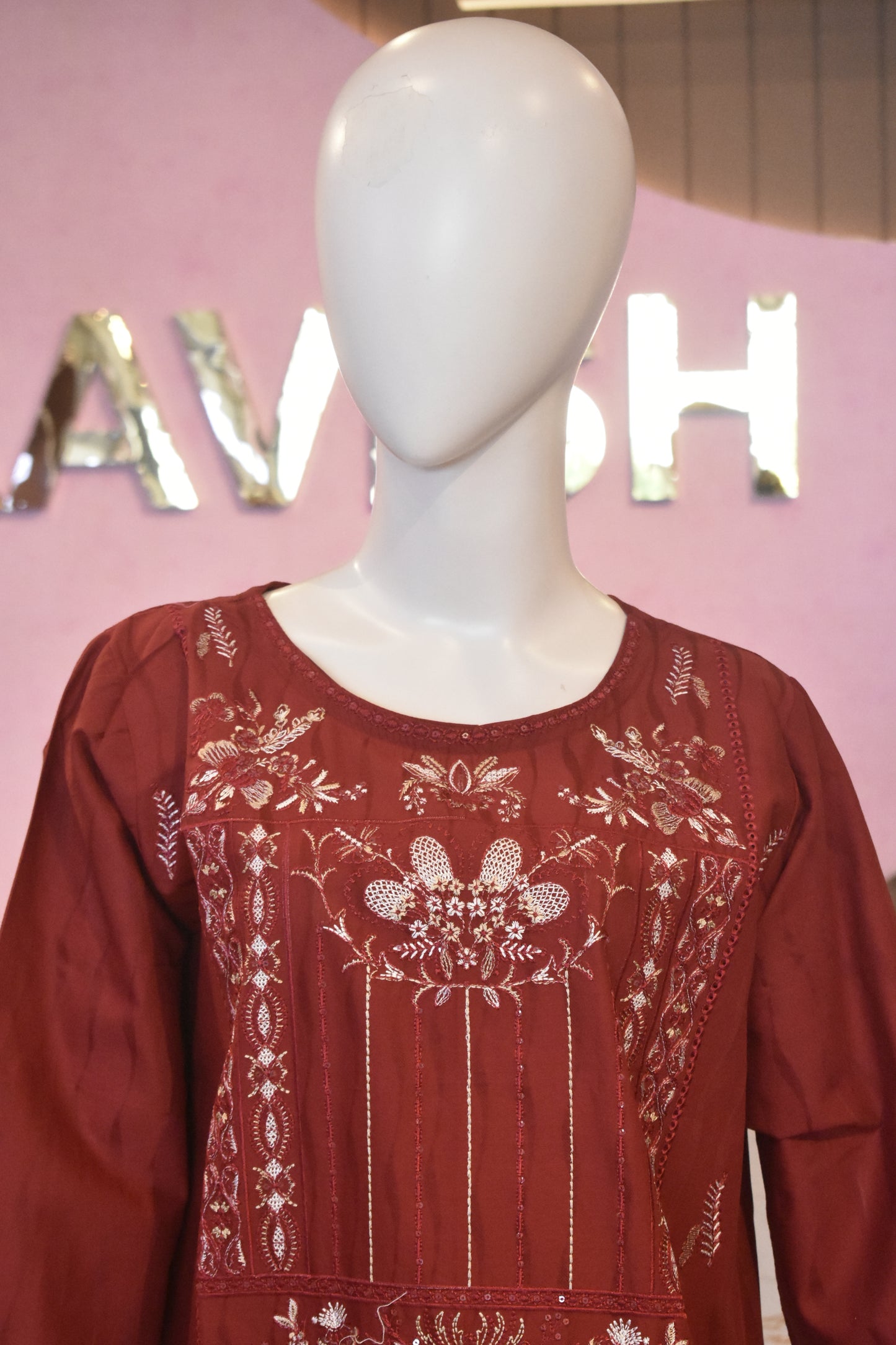 Elegant Rust Crimson Embroidered 2-Piece Cotton Lawn Suit