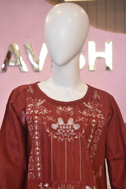 Elegant Rust Crimson Embroidered 2-Piece Cotton Lawn Suit