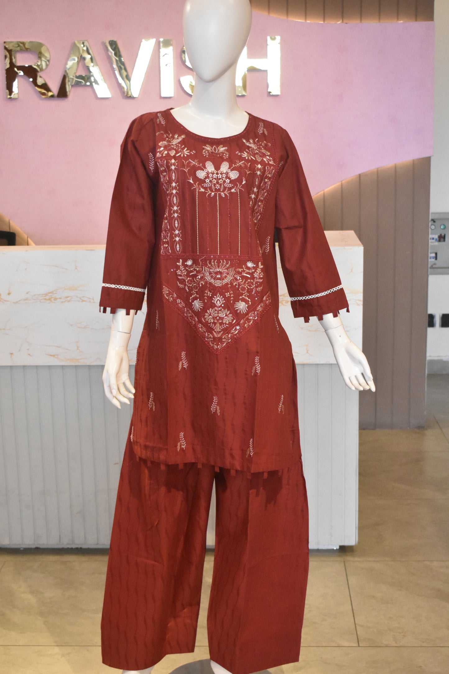 Elegant Rust Crimson Embroidered 2-Piece Cotton Lawn Suit