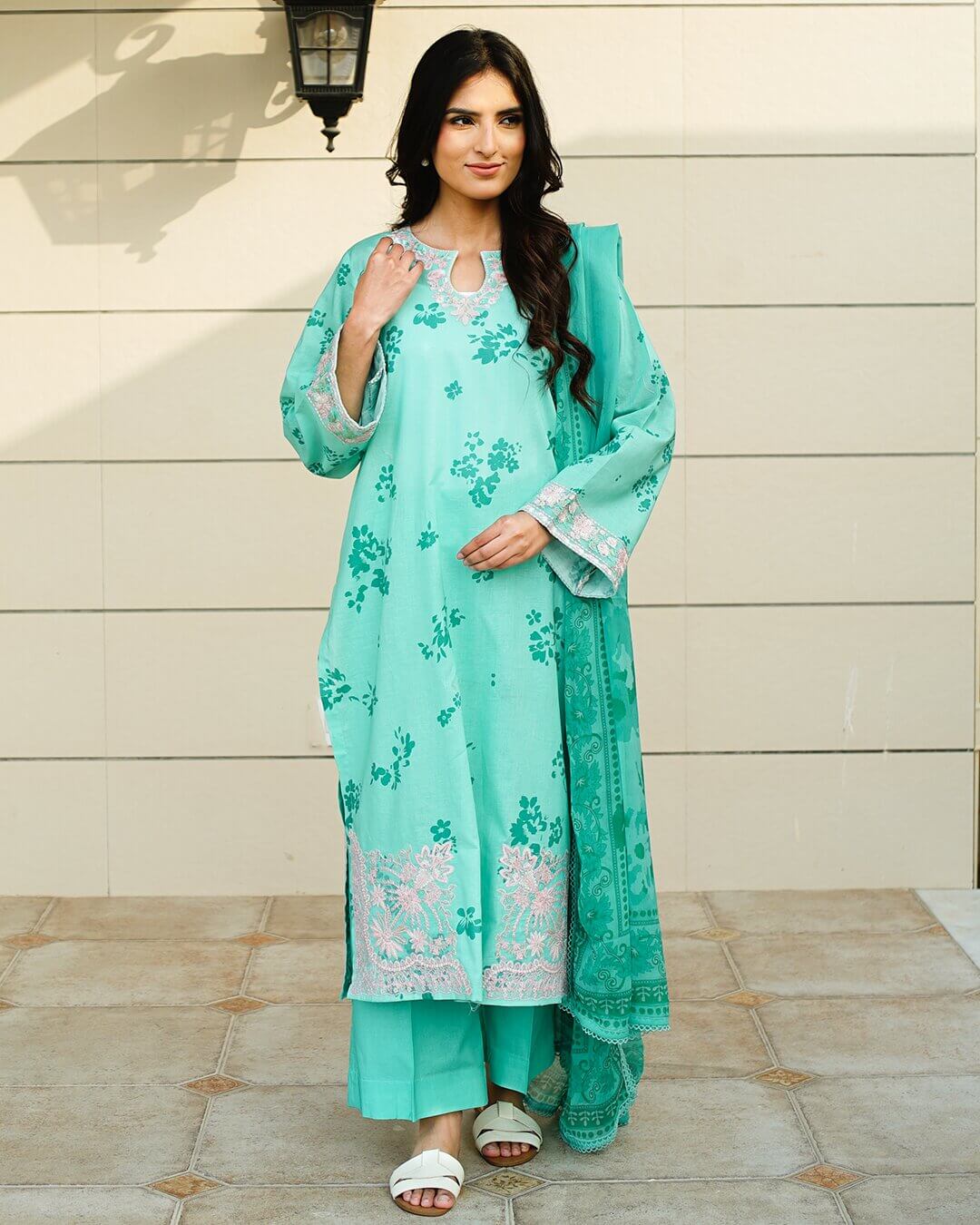Eira - Pastel Turquoise Floral Lawn Suit with Chiffon Dupatta-Unstitched