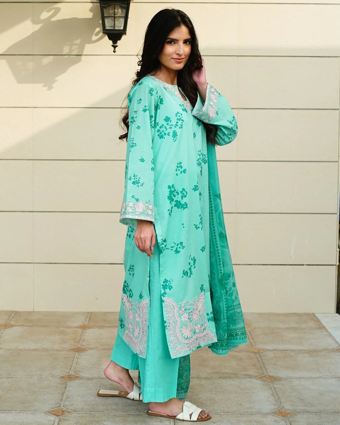 Eira - Pastel Turquoise Floral Lawn Suit with Chiffon Dupatta-Unstitched