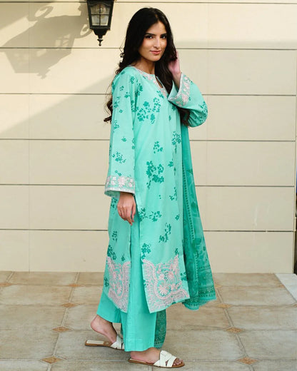 Eira - Pastel Turquoise Floral Lawn Suit with Chiffon Dupatta-Unstitched