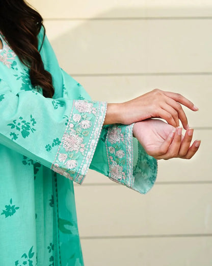 Eira - Pastel Turquoise Floral Lawn Suit with Chiffon Dupatta-Unstitched
