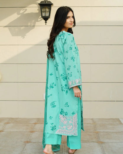 Eira - Pastel Turquoise Floral Lawn Suit with Chiffon Dupatta-Unstitched