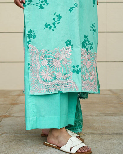 Eira - Pastel Turquoise Floral Lawn Suit with Chiffon Dupatta-Unstitched