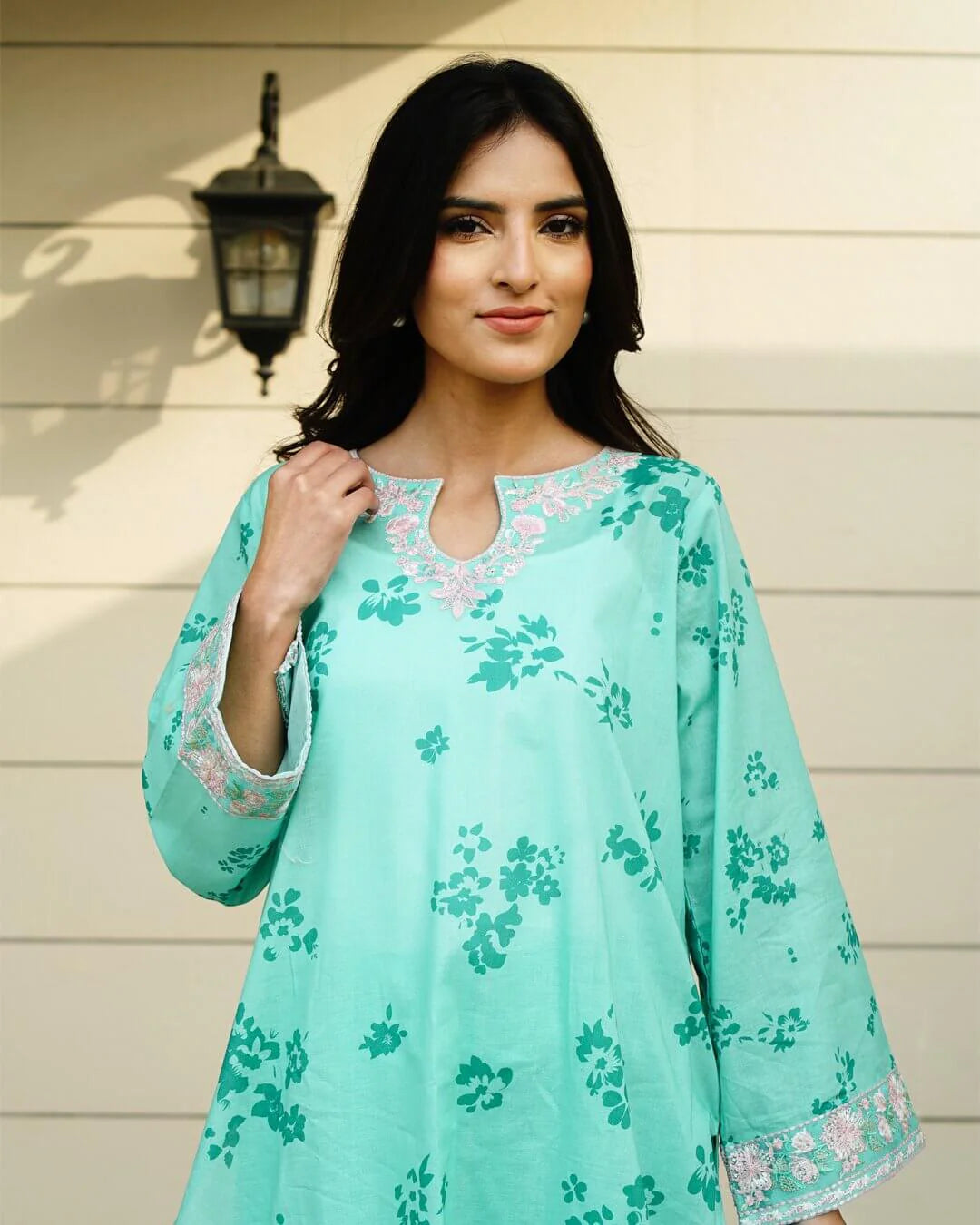 Eira - Pastel Turquoise Floral Lawn Suit with Chiffon Dupatta-Unstitched