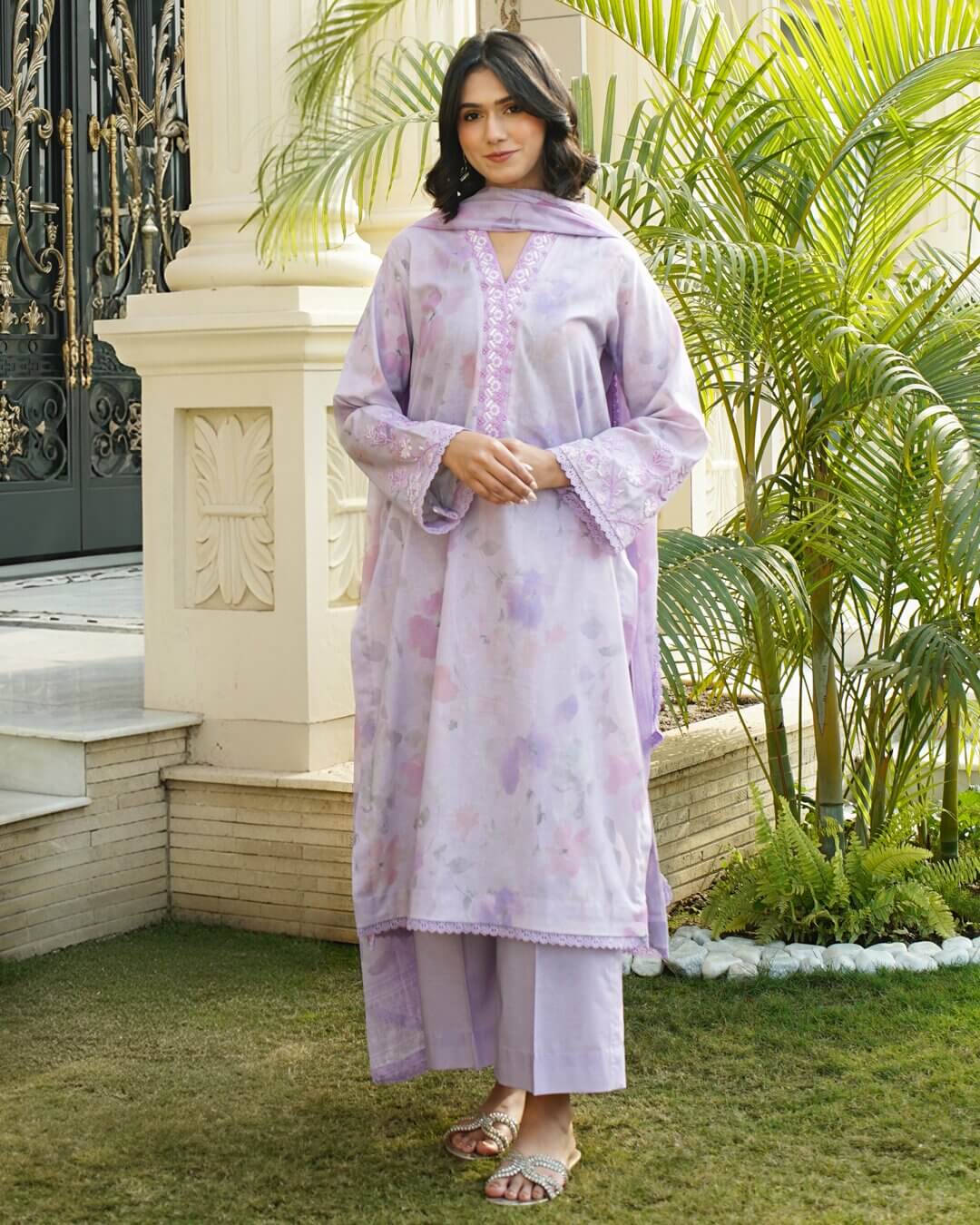 Elina - Crimson Red Floral Lawn Suit with Chiffon Dupatta-Unstitched