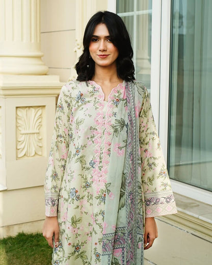 Fayla - Pastel Mint Green Floral Lawn Suit with Chiffon Dupatta-Unstitched