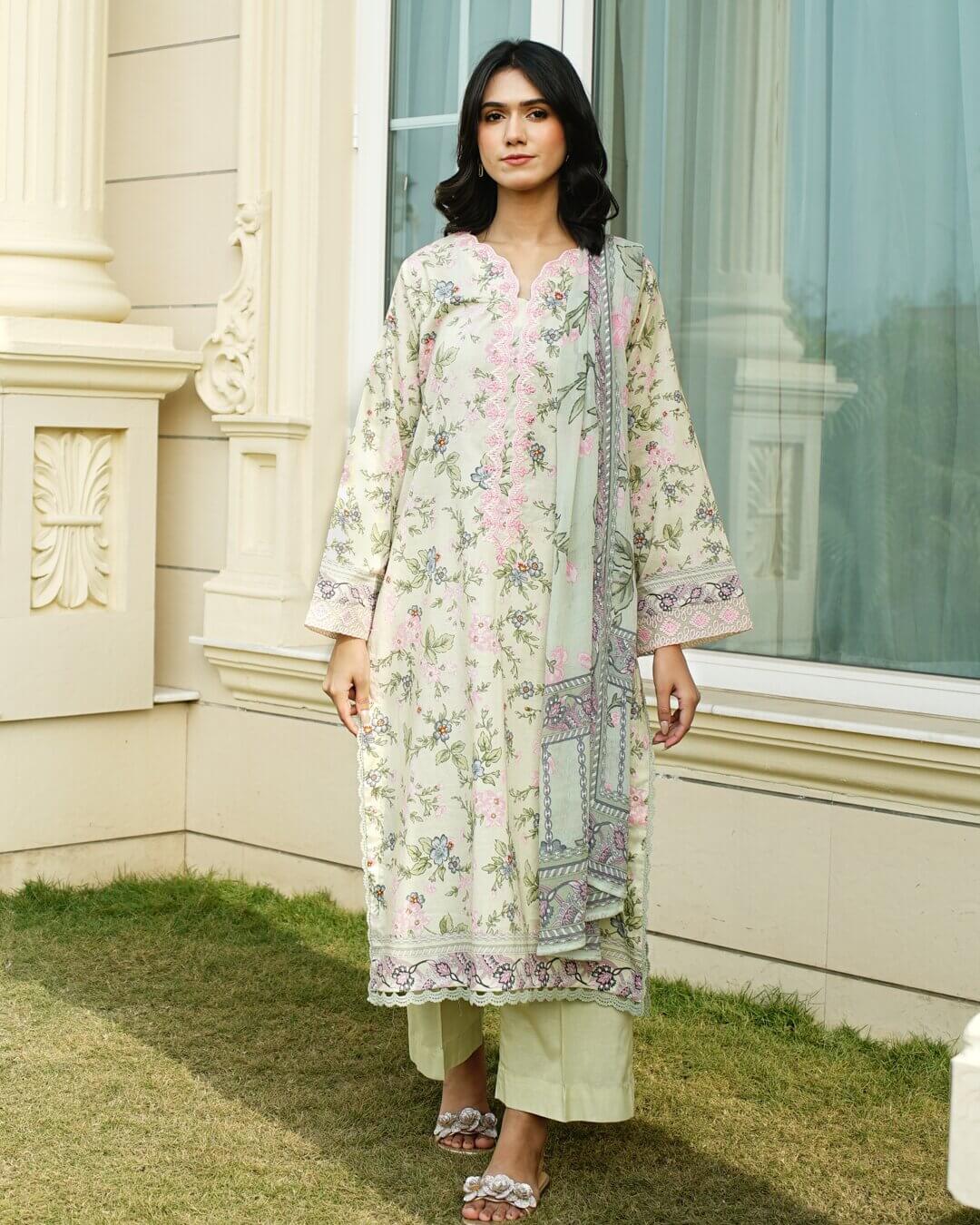 Fayla - Pastel Mint Green Floral Lawn Suit with Chiffon Dupatta-Unstitched