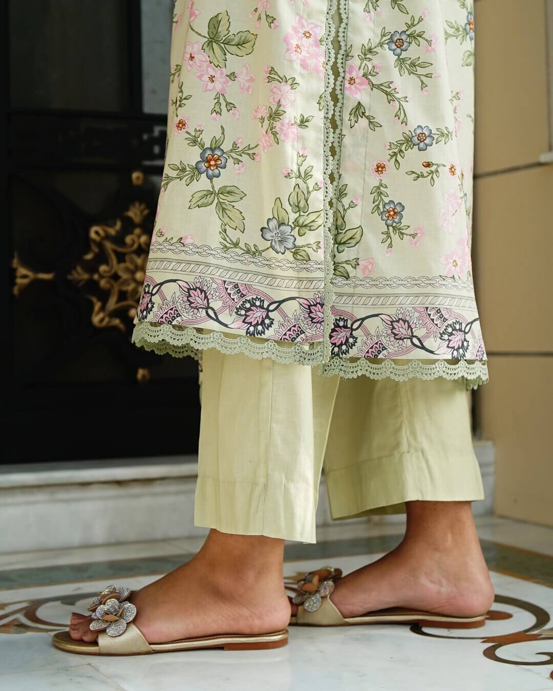 Fayla - Pastel Mint Green Floral Lawn Suit with Chiffon Dupatta-Unstitched