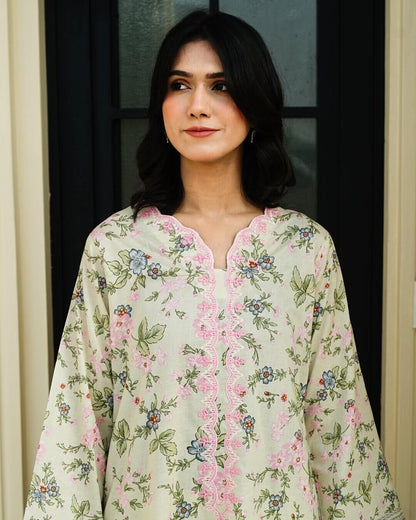 Fayla - Pastel Mint Green Floral Lawn Suit with Chiffon Dupatta-Unstitched