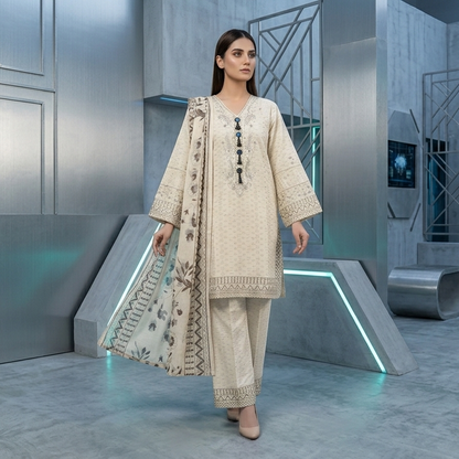 Embroidered Cotton Lawn 3-Piece Suit – Ivory Elegance