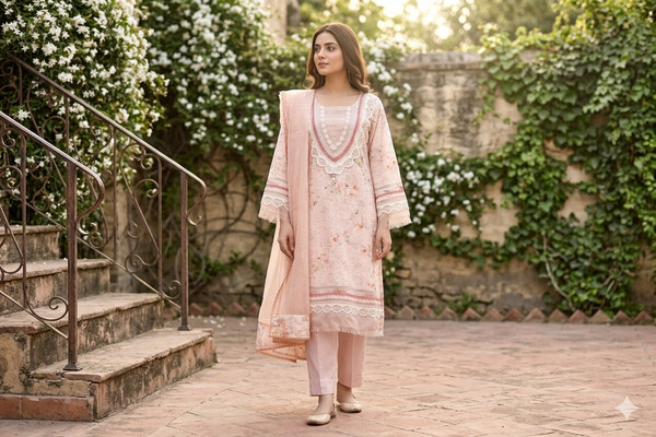 Ethereal Peach Hand-Embroidered Cotton Ensemble