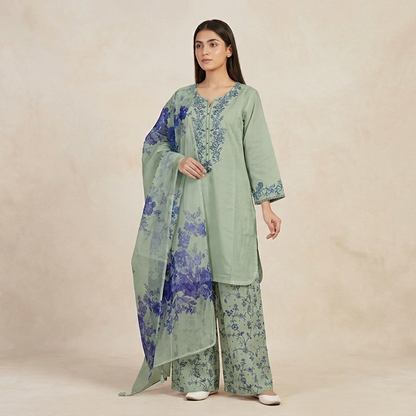 Serene Sage Green & Indigo Floral Embroidered 3-Piece Cotton Suit