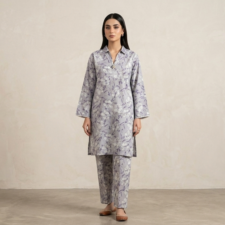 Elegant Lavender Grey All-Over Floral Print 2-Piece Cotton Lawn Co-Ord Set