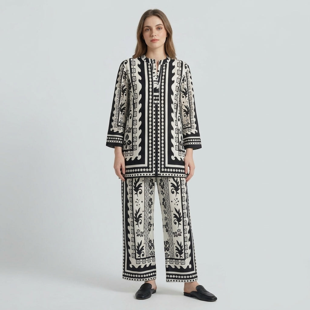 Monochrome Lattice – Printed 2-Piece Lawn Co-Ord Set