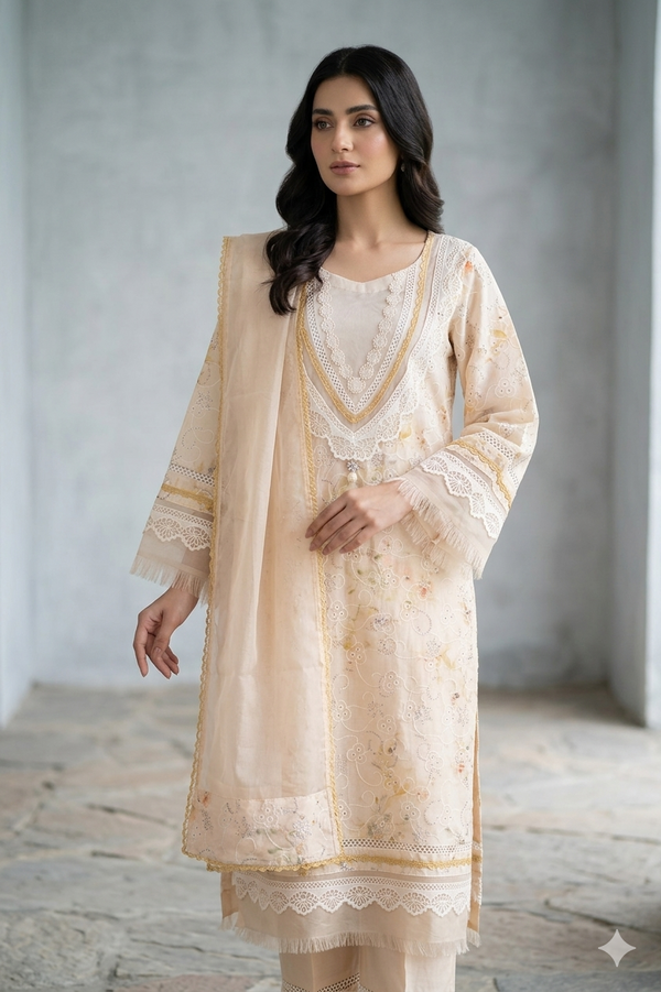 Artisanal Ivory Blossom Hand-Embroidered Soft Cotton 3-Piece