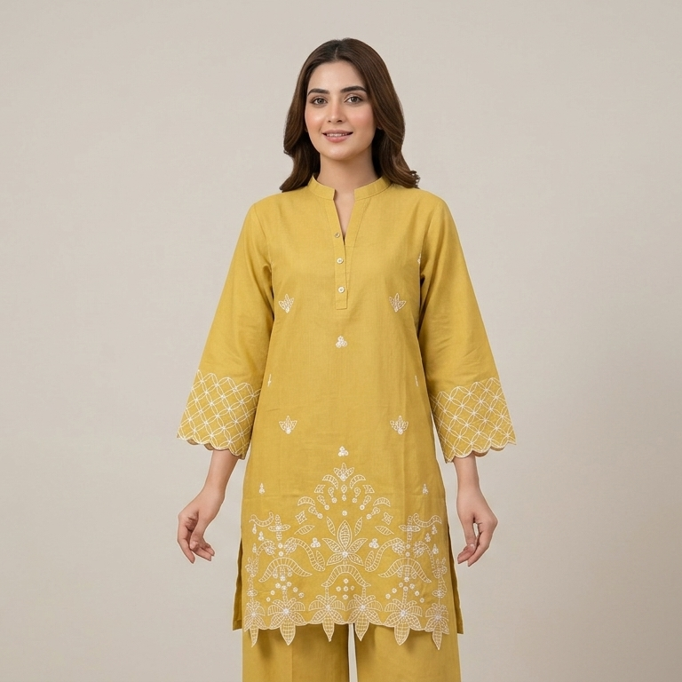 Vibrant Mustard Yellow Embroidered 2-Piece Cotton Lawn Suit