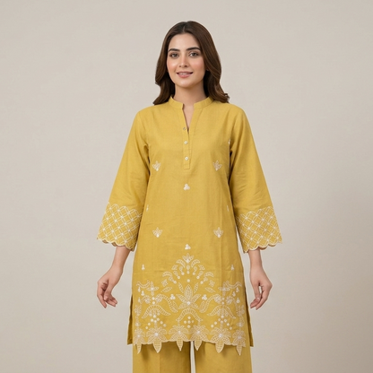 Vibrant Mustard Yellow Embroidered 2-Piece Cotton Lawn Suit