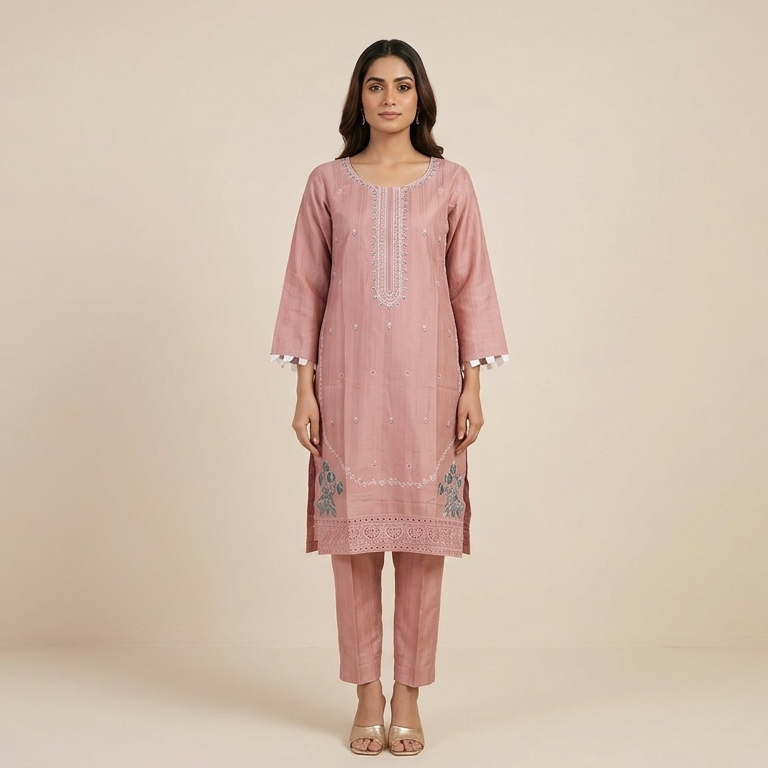 Elegant Dusty Rose Embroidered 2-Piece Cotton Lawn Suit with Chikankari Cutwork Border