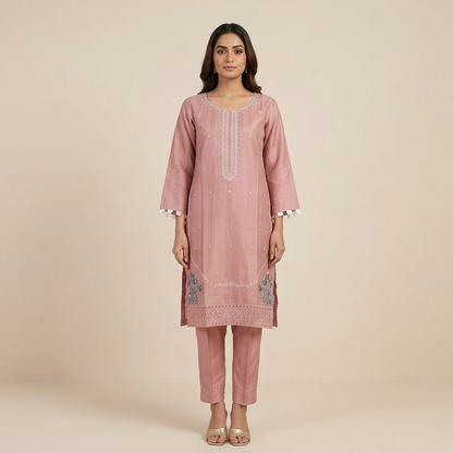 Elegant Dusty Rose Embroidered 2-Piece Cotton Lawn Suit with Chikankari Cutwork Border