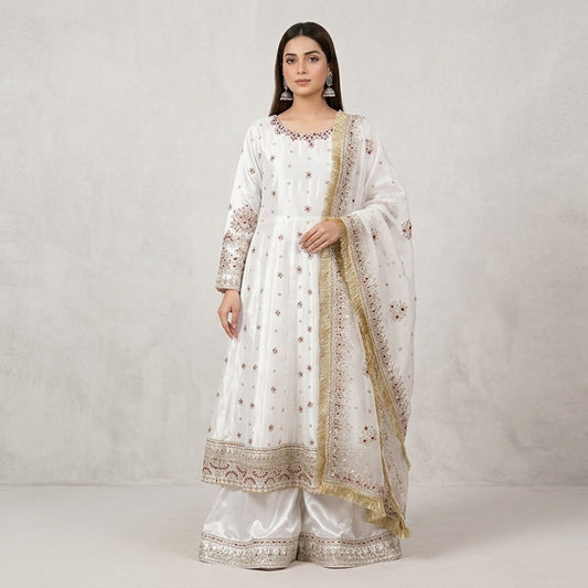 Ivory Pearl – Heavily Embroidered 3-Piece Shamoz Silk Frock Set