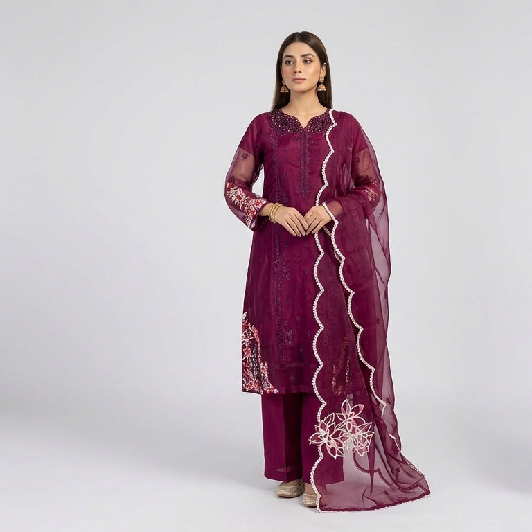 Royal Plum – Embellished Premium 3-Piece Organza Suit