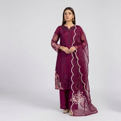 Royal Plum – Embellished Premium 3-Piece Organza Suit
