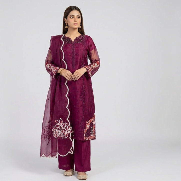 Royal Plum – Embellished Premium 3-Piece Organza Suit