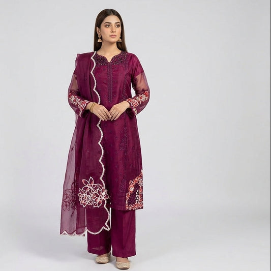 Royal Plum – Embellished Premium 3-Piece Organza Suit
