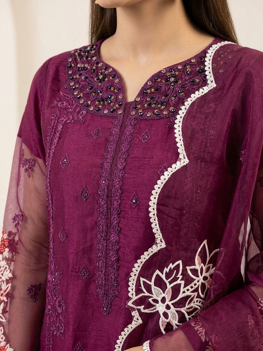 Royal Plum – Embellished Premium 3-Piece Organza Suit
