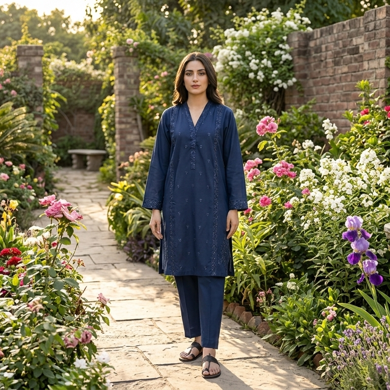 Midnight Navy Embroidered 2-Piece Cotton Lawn Suit with Subtle Sequin Accents