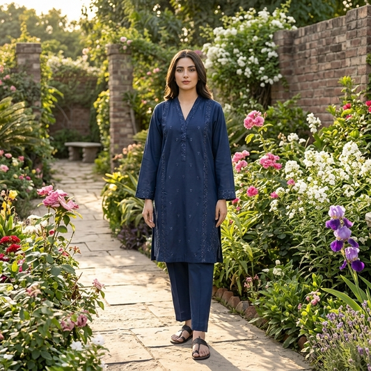 Midnight Navy Embroidered 2-Piece Cotton Lawn Suit with Subtle Sequin Accents