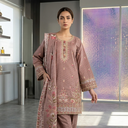 Elegant Mauve Embroidered 3-Piece Cotton Suit with Tassel Detailing